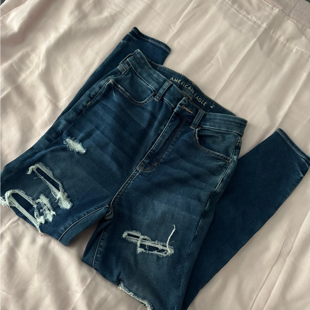 American Eagle Outfitters Women's Dark Blue Ripped Skinny Jeans